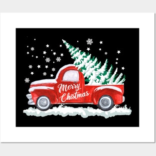 Merry Christmas Retro Vintage Red Truck Posters and Art